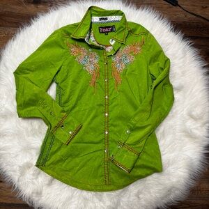 Roar “Laguna” Western Embroidered Rhinstone Button Up Shirt with Roll Sleeves M